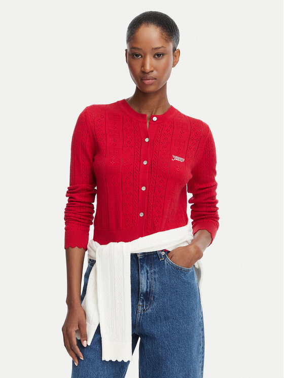 Tommy Jeans Kardigan Pointelle DW0DW22931 Czerwony Regular Fit