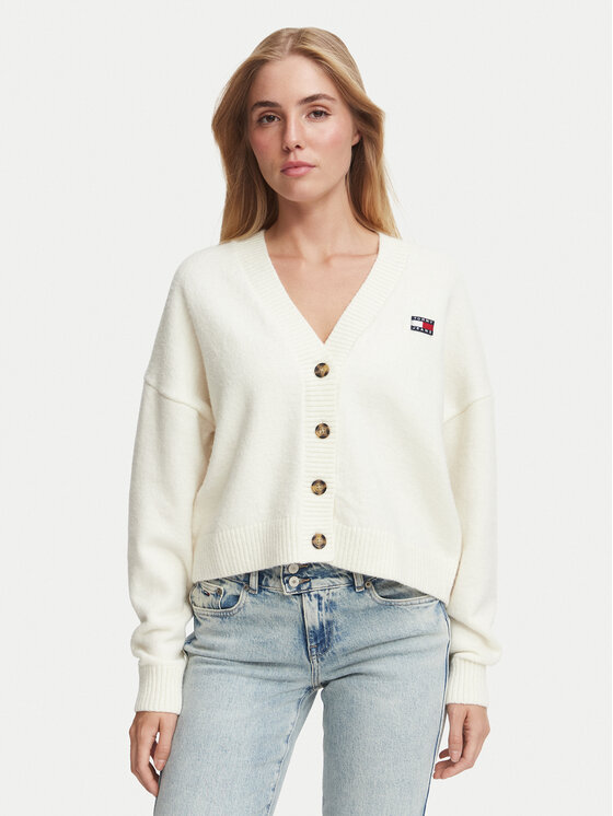 Tommy Jeans Kardigan Fluffy Badge DW0DW23830 Biały Regular Fit