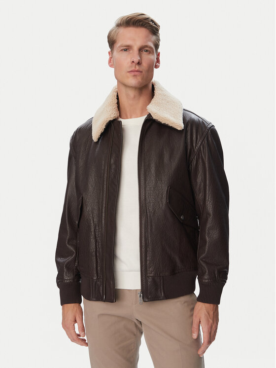 BOSS Kurtka skórzana Jopeak  50566594 Brązowy ciemny Regular Fit