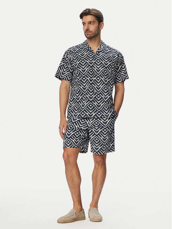 Jack & Jones Komplet koszula i szorty materiałowe Milo Seersucker Resort 12297829 Granatowy Loose Fit