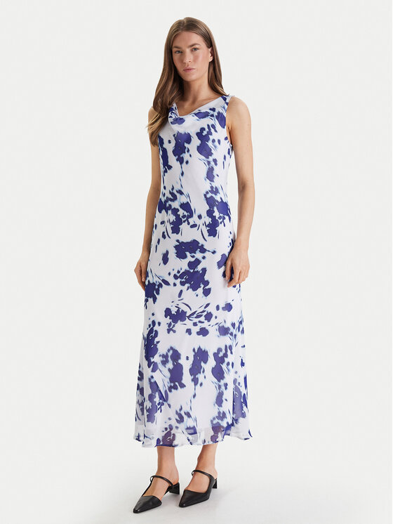 Calvin Klein Sukienka wieczorowa Printed Chiffon Sl Cowl LV044F029G Biały Regular Fit