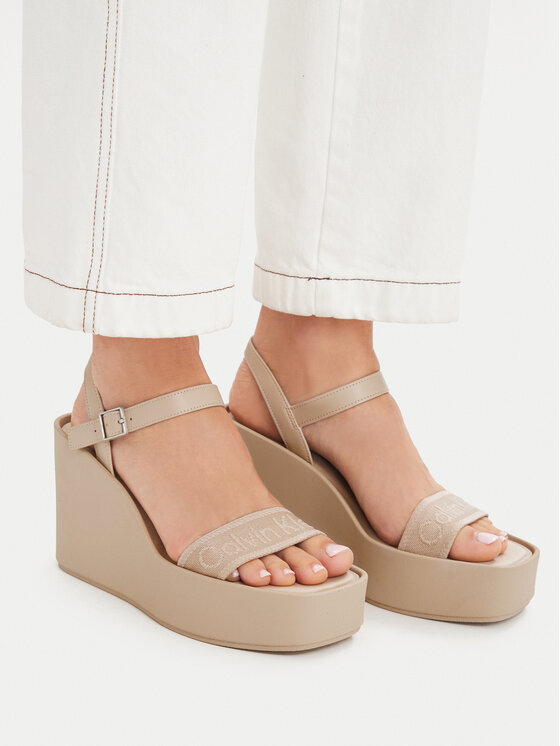 Calvin Klein Sandały Wedge 70 Sndl Webbing Lth HW0HW02882 Beżowy