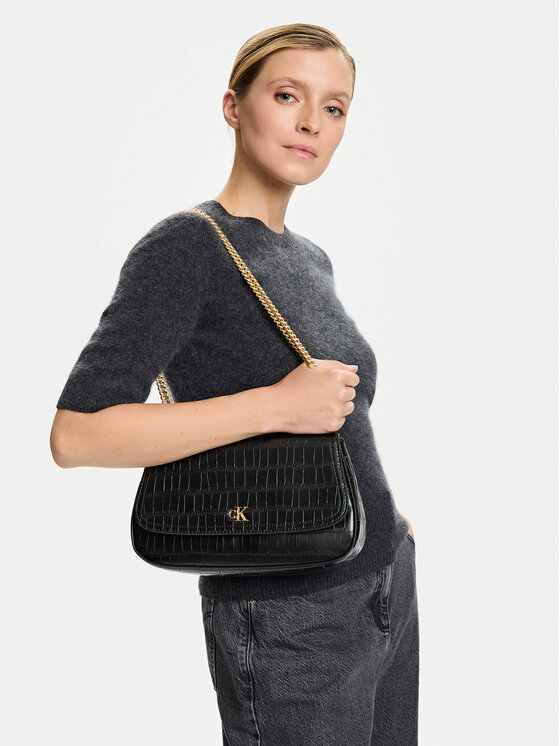 Calvin Klein Torebka Ck Croc Conv Chain Medium Bag LV04F3284G Czarny