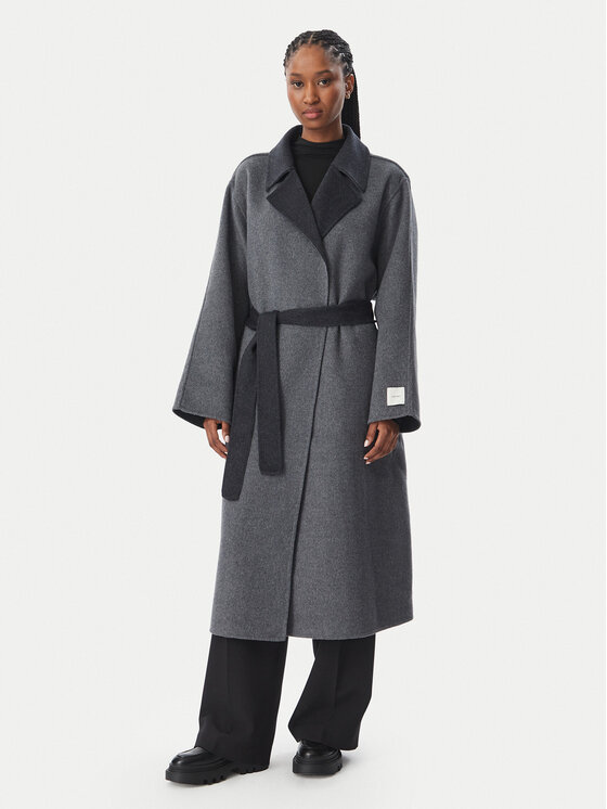 Calvin Klein Płaszcz wełniany Long LV044H538G Szary Regular Fit