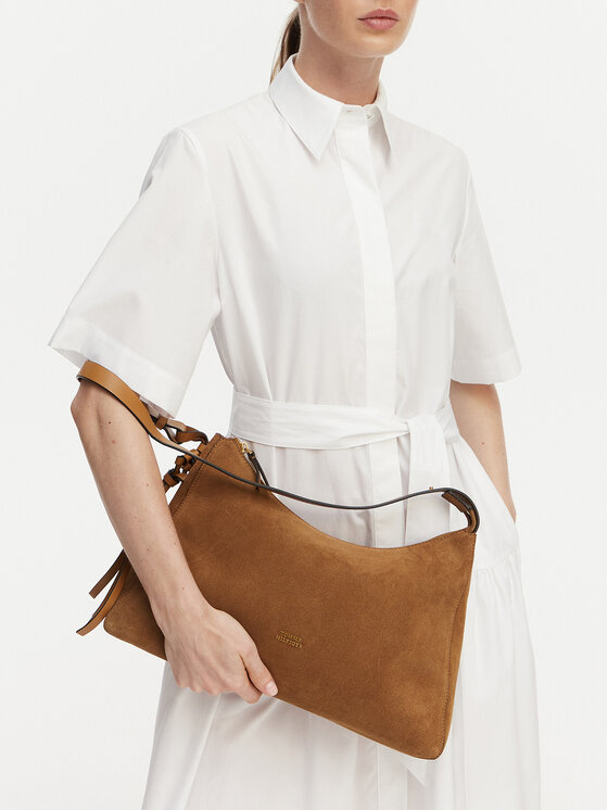 Tommy Hilfiger Torebka Th Statement Shoulder Bag Suede AW0AW18824 Brązowy