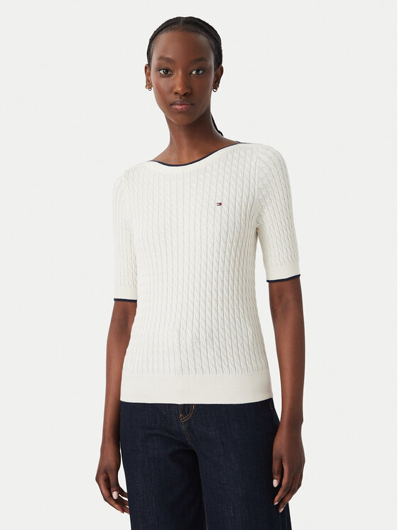Tommy Hilfiger Bluzka Fine Gg Cable Boat WW0WW50103 Beżowy jasny Regular Fit