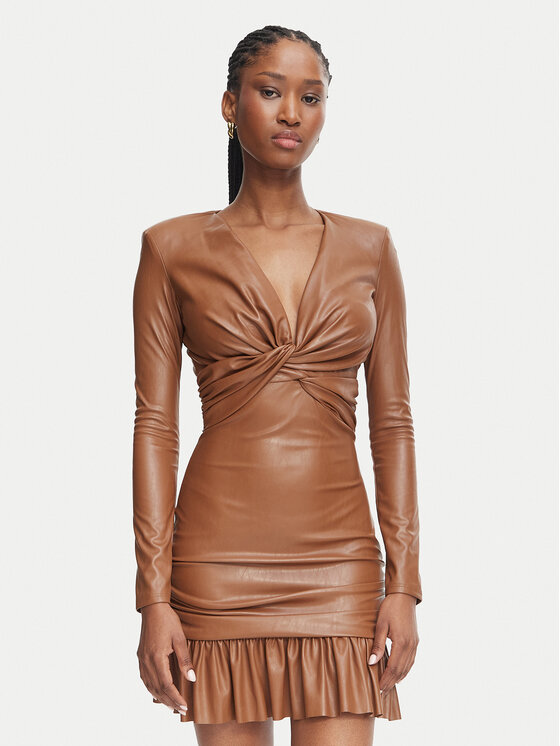 Elisabetta Franchi Sukienka z imitacji skóry AB-989-66E2-V400 Brązowy jasny Slim Fit