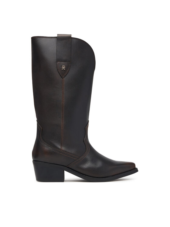 Tommy Hilfiger Kozaki Leather Mid Calf Western Boot FW0FW09798 Brązowy ciemny