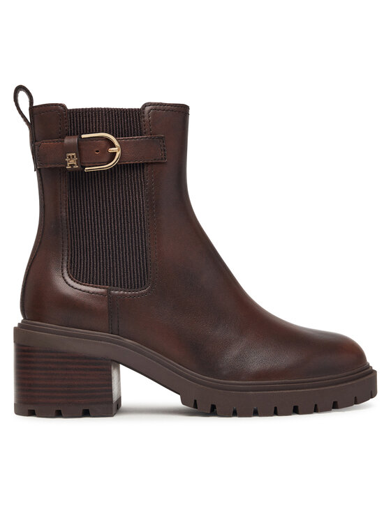 Tommy Hilfiger Botki Block Heel Buckled Chelsea Boot FW0FW09577 Brązowy ciemny