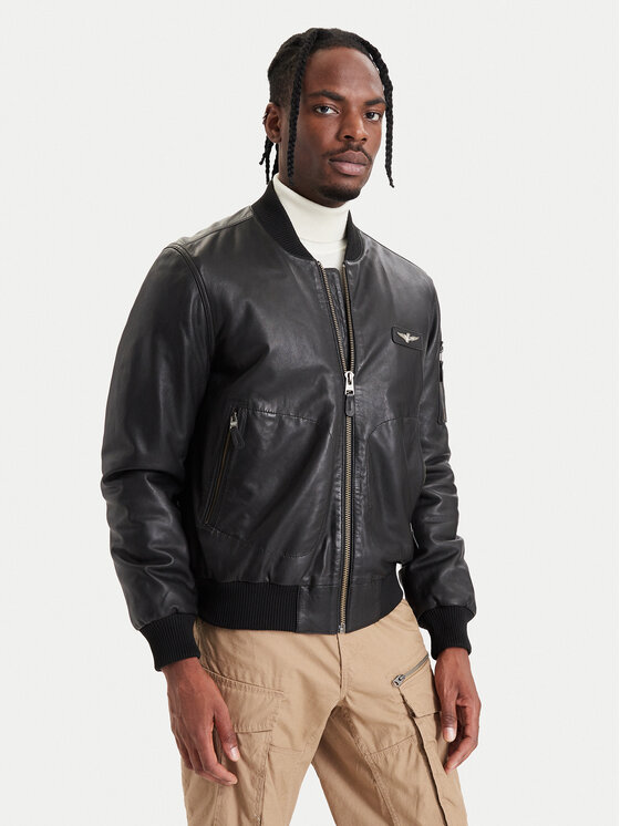 Aeronautica Militare Kurtka skórzana 262PN0966UPL00328 Czarny Regular Fit
