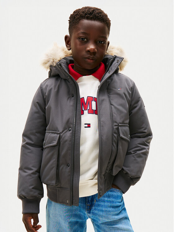 Tommy Hilfiger Kurtka zimowa Hooded Fake Fur Bomber KB0KB09887 Szary Regular Fit