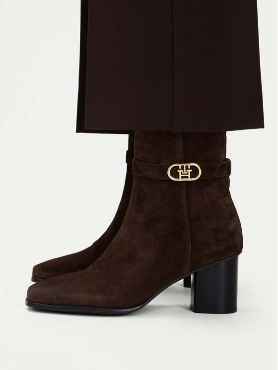 Tommy Hilfiger Botki Th Strap Suede Block Heel Boot FW0FW09521 Brązowy ciemny