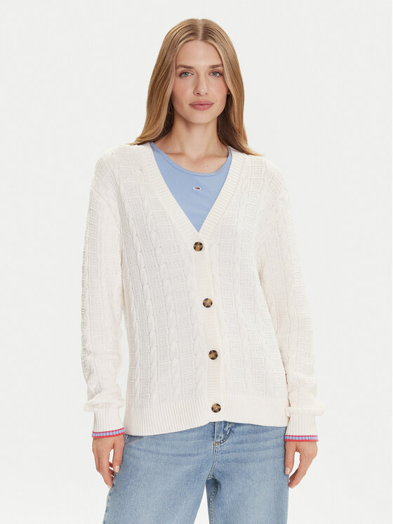 Tommy Jeans Kardigan Cable DW0DW21681 Écru Relaxed Fit