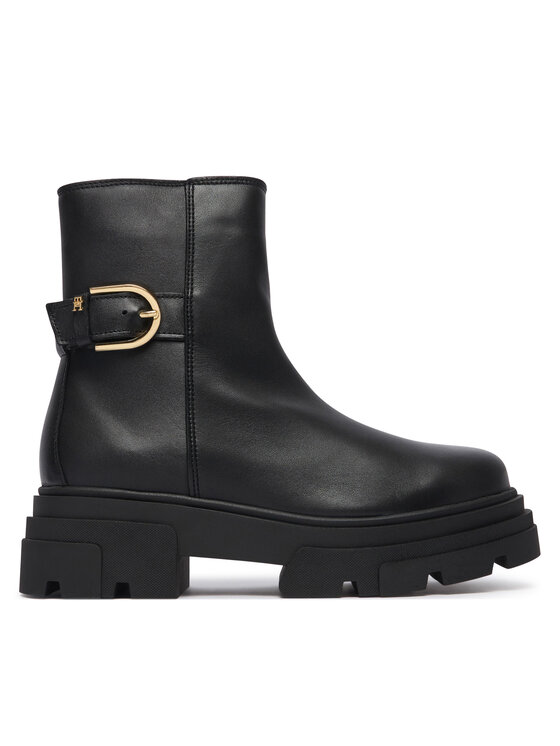 Tommy Hilfiger Botki Leather Chunky Th Buckled Boot FW0FW09549 Czarny