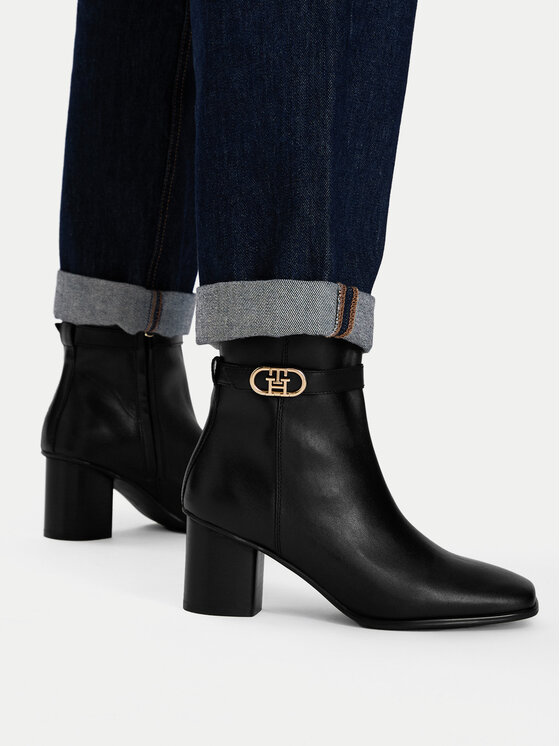 Tommy Hilfiger Botki Th Strap Leather Block Heel Boot FW0FW09488 Czarny