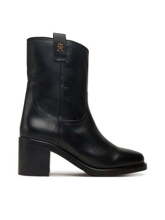 Tommy Hilfiger Botki Riding Lthr Mid Boot Block Heel FW0FW08776 Czarny
